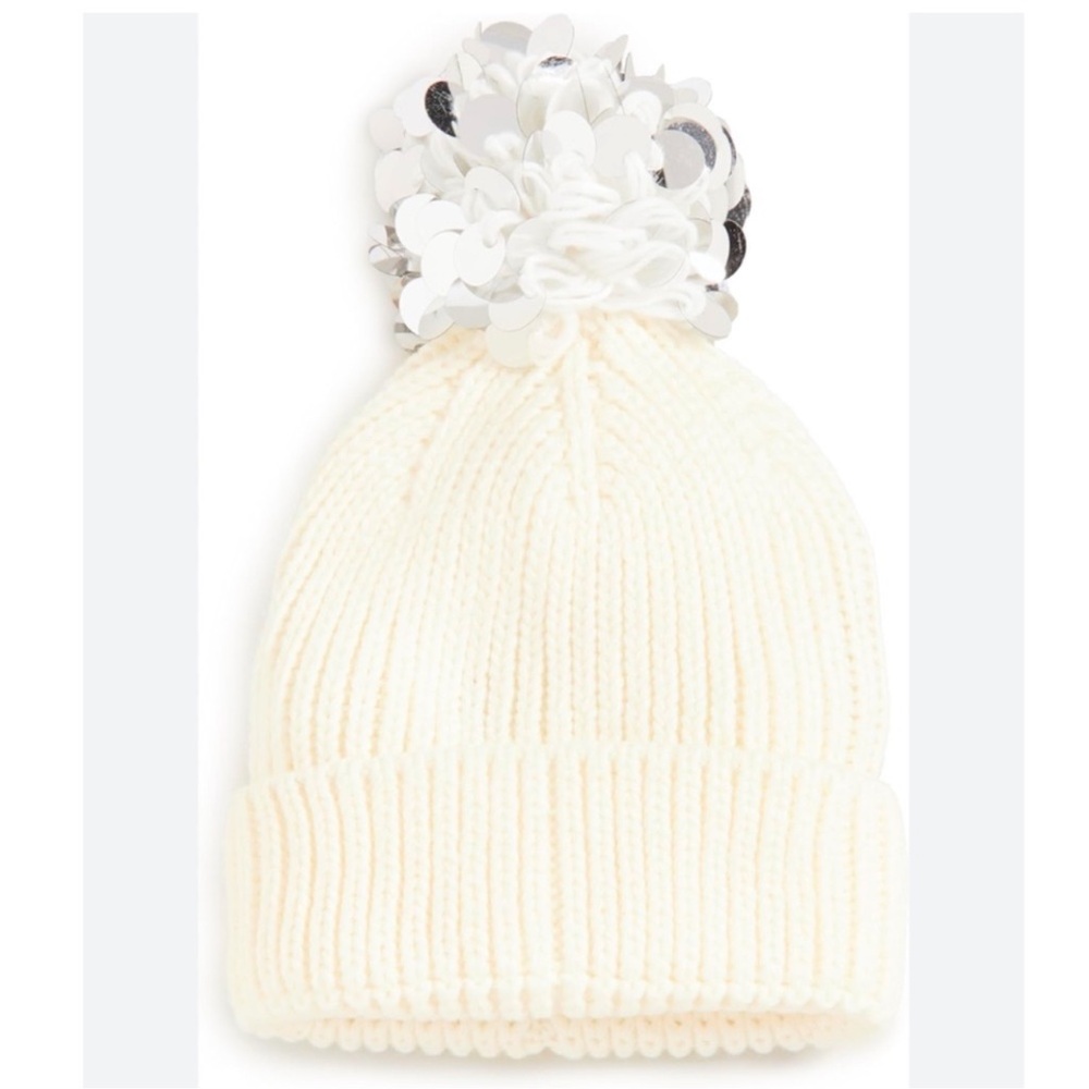 Eugenia Kim Cream Knit Beanie with Sequin‎ Pom
